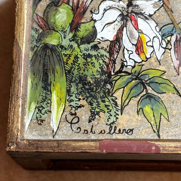 Vintage trinket box hinged lid wood hand painted floral glass & golden finish - Picture 3 of 11